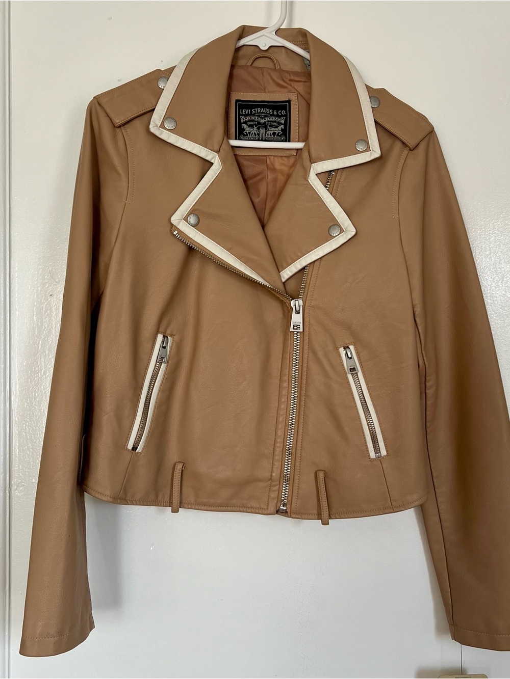 NWT Levi's Tan Faux Leather Moto Jacket with Cream Trim